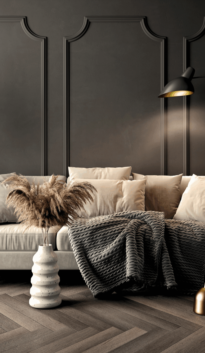 „Stilvoll eingerichtetes Wohnzimmer mit beigefarbener Couch, dekorativen Kissen und Decke, dunkler Wandvertäfelung, Akzentbeleuchtung und modernen Deko-Elementen – luxuriöses, harmonisches Interieur mit Designanspruch.