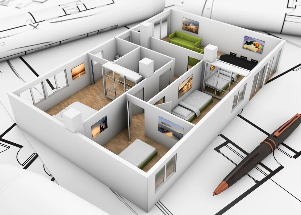 „3D-Grundriss eines modernen Wohnraums auf Architekturplänen – visualisierte Raumplanung mit Einrichtungselementen und Möblierung, daneben ein Stift als Maßstab für Planung und Designprozesse.