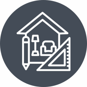 Symbol für Innenarchitektur mit Haus, Stift, Lampe, Sessel und Winkelmesser auf dunklem Hintergrund