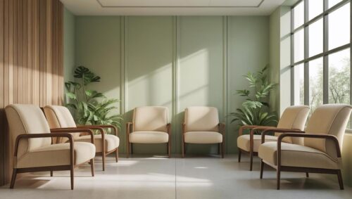 Wartezimmer mit sechs beigen Sesseln, grüner Wand, großen Fenstern und Pflanzen.