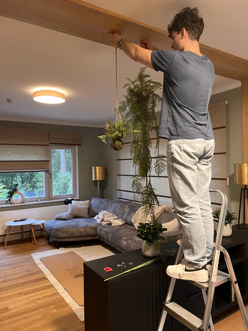 Mann steht auf einer Leiter und hängt eine hängende Pflanze an der Decke in einem Wohnzimmer auf.