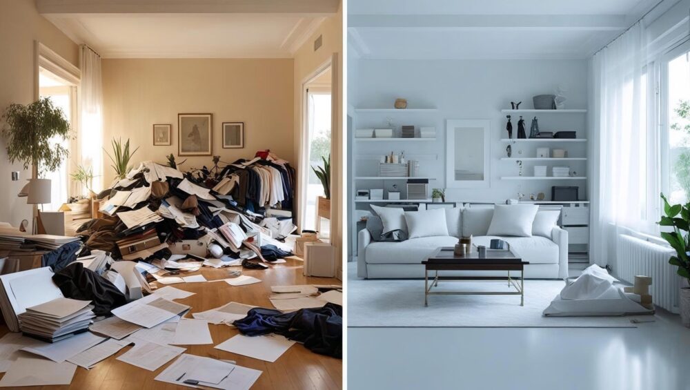Vergleich zweier Wohnzimmer: links unordentlich mit verstreuten Kleidern und Papieren, rechts sauber und minimalistisch eingerichtet.