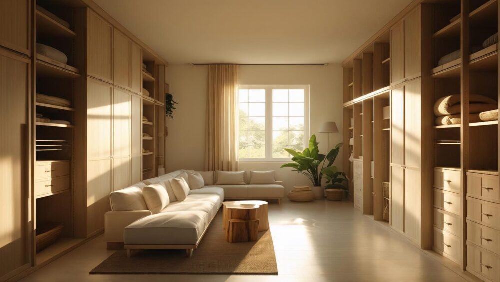 Helles Wohnzimmer mit Sofa, Couchtisch, Pflanzen und großen Fenstern, umgeben von Regalen und Schränken.