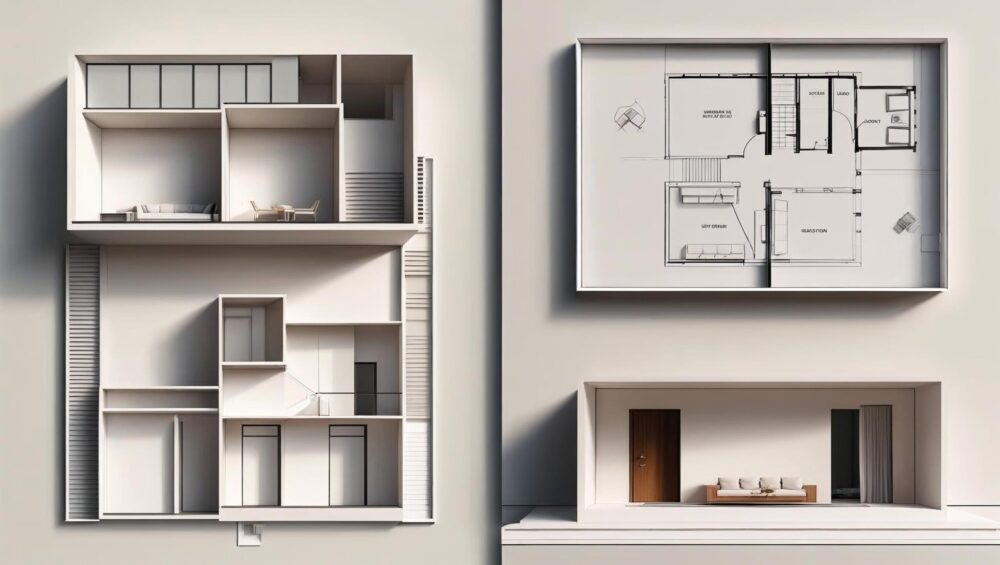 3D-Modell eines modernen Hausgrundrisses mit verschiedenen Zimmern und Möblierung, Ansicht von oben und Seitenansicht.