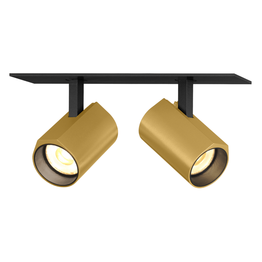 Zweiflammige Deckenstrahler in Gold mit schwarzer Halterung.