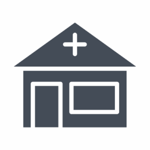 Symbol eines Hauses mit einem Kreuz auf dem Dach, das eine Arztpraxis oder Klinik darstellt.
