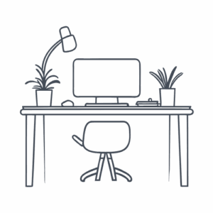 Schreibtisch mit Computer, Stuhl, Schreibtischlampe und zwei Pflanzen.