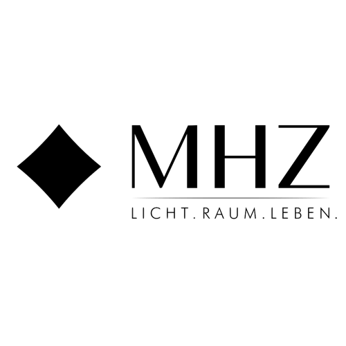 Logo mit schwarzem Raute-Symbol und Schriftzug MHZ LICHT RAUM LEBEN.