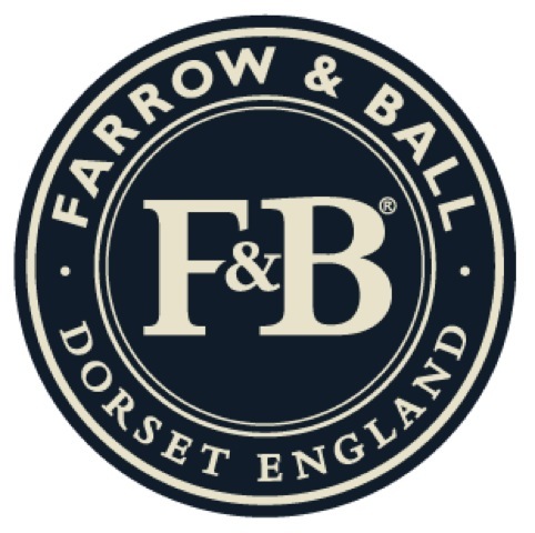 Logo von Farrow & Ball, Dorset England, in dunkelblau und beige.