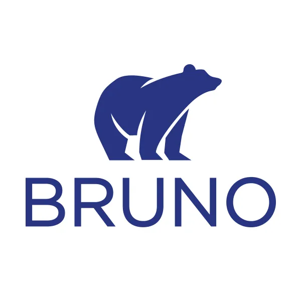 Blauer Bär über dem Schriftzug BRUNO auf weißem Hintergrund.