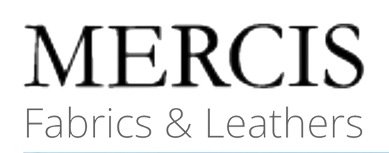 Logo mit dem Text Mercis Fabrics & Leathers auf grauem Hintergrund.
