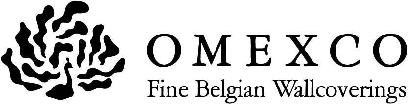 Logo von Omexco mit stilisiertem Muster und dem Text Fine Belgian Wallcoverings.